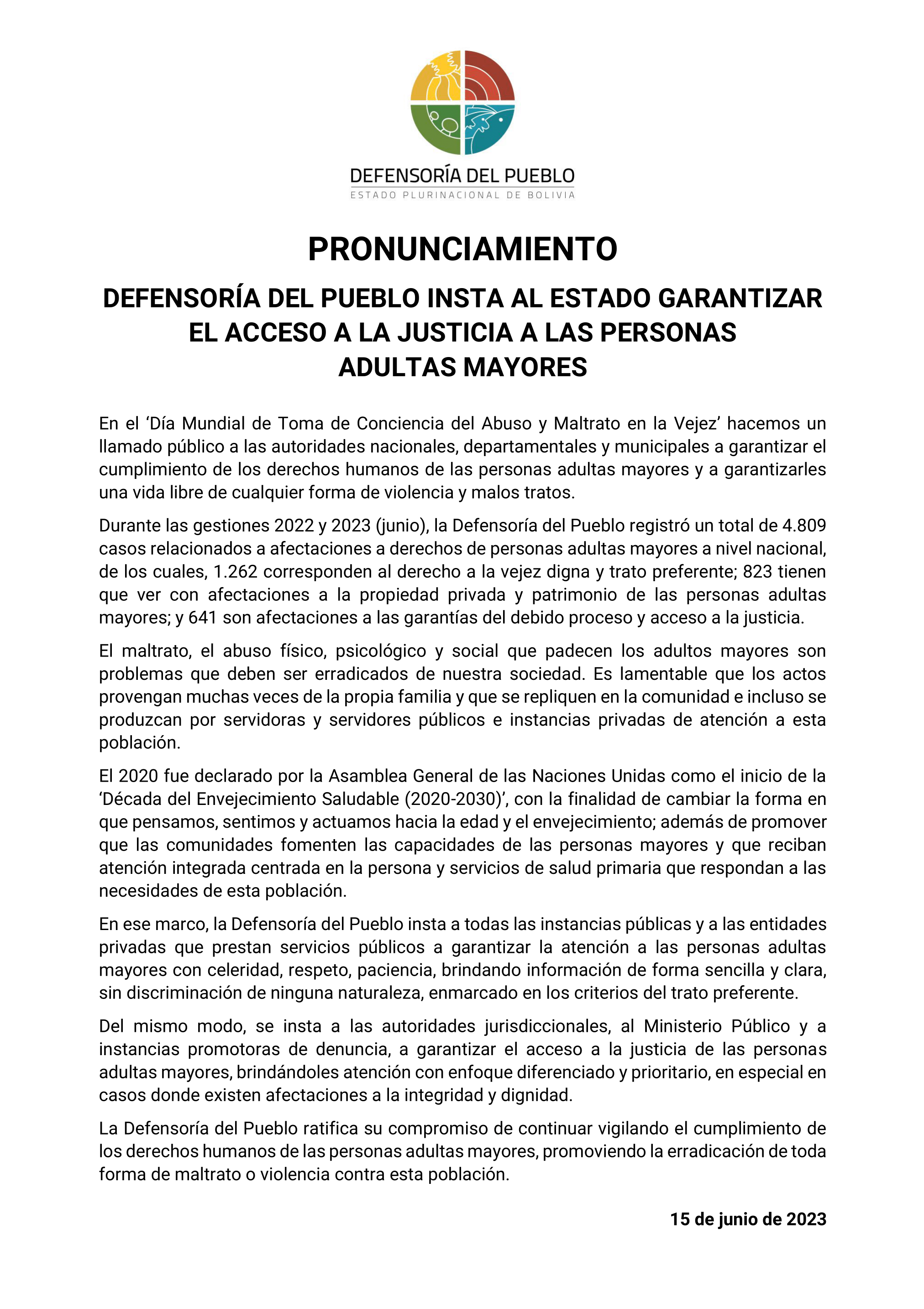 DEFENSORÍA DEL PUEBLO INSTA AL ESTADO GARANTIZAR EL ACCESO A LA JUSTICIA A LAS PERSONAS ADULTAS MAYORES