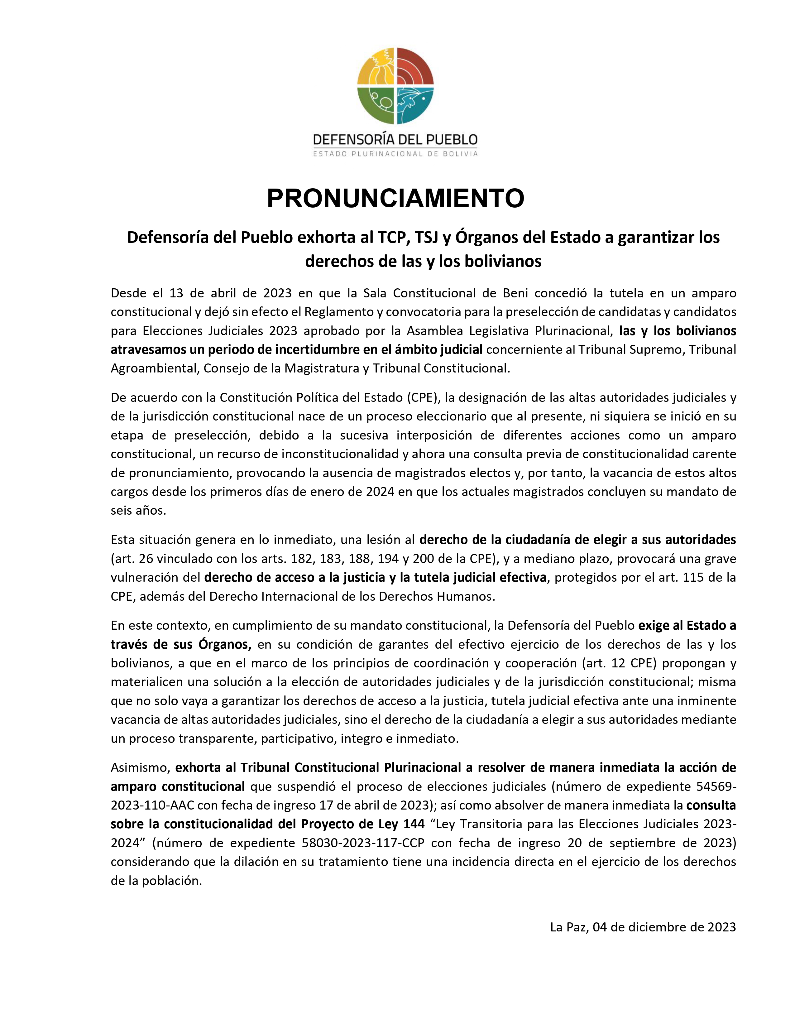 Defensoría del Pueblo exhorta al TCP, TSJ y Órganos del Estado a garantizar los derechos de las y los bolivianos