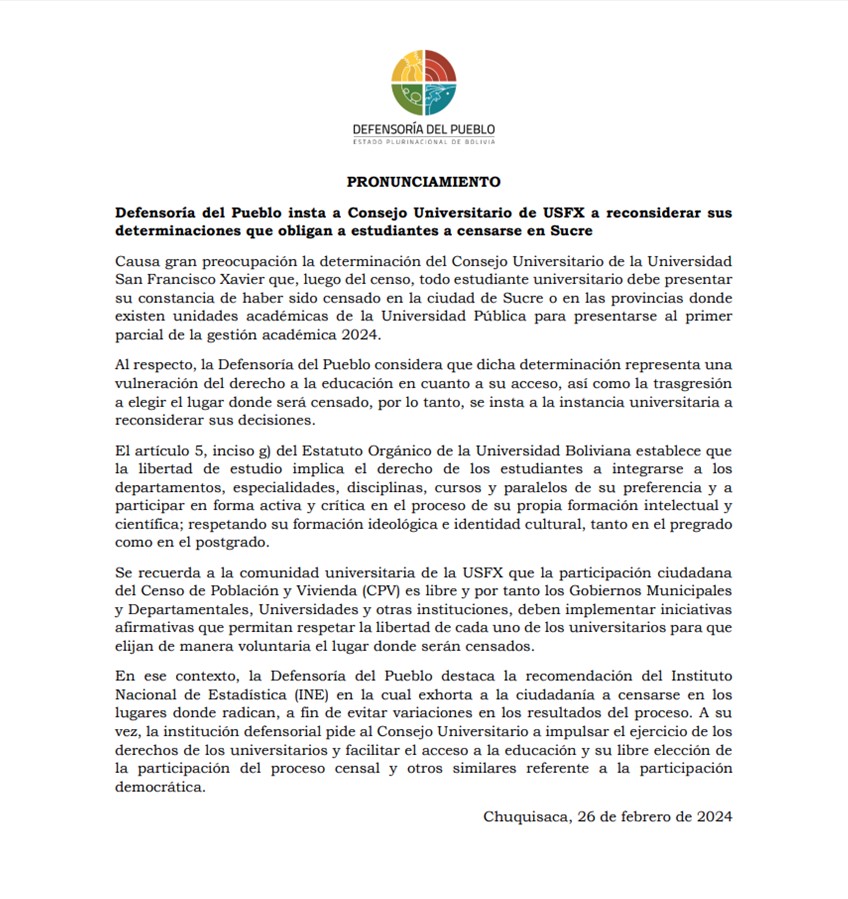 La Defensoría del Pueblo insta a Consejo Universitario de USFX a reconsiderar sus determinaciones que obligan a estudiantes a censarse en Sucre