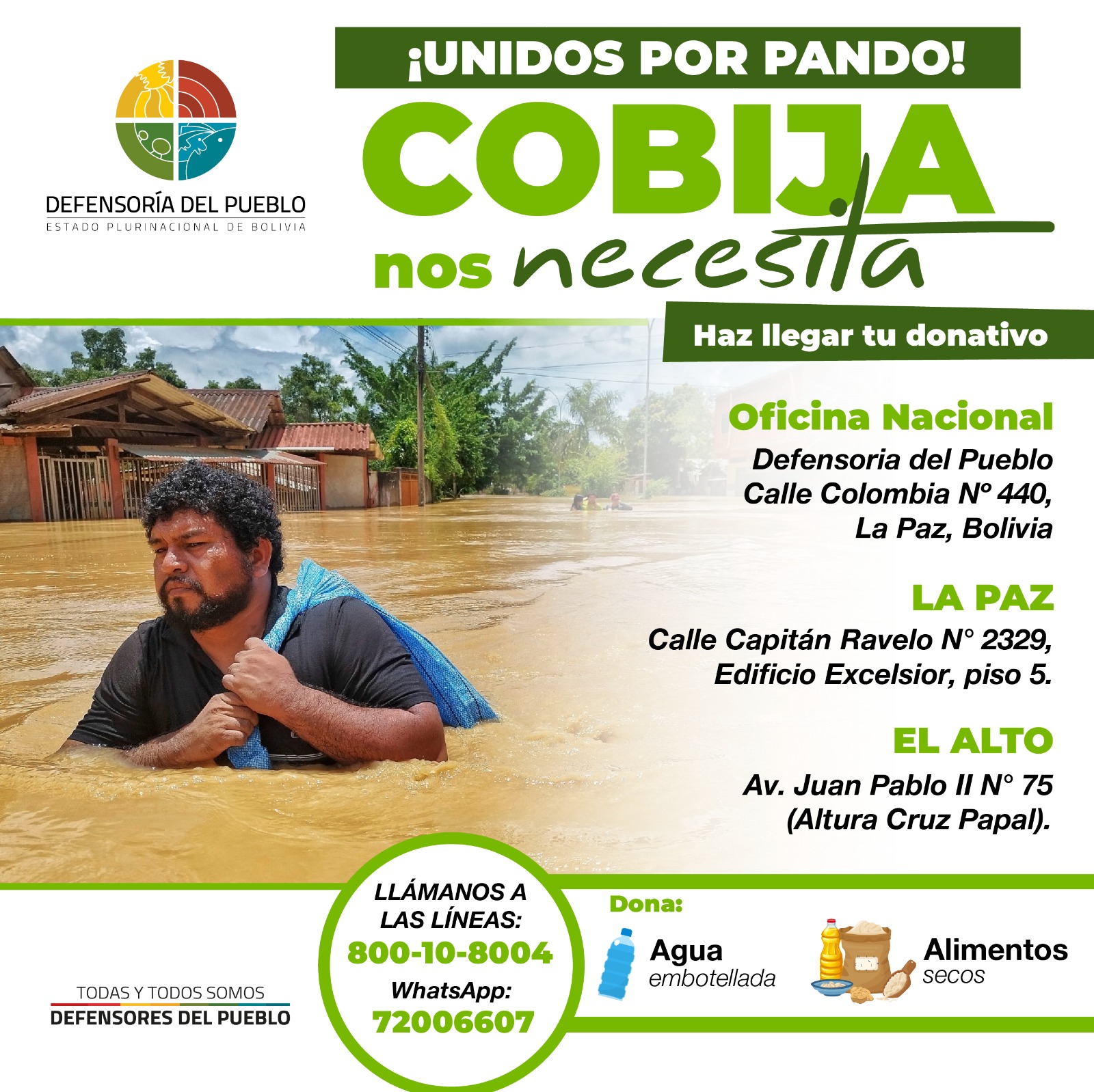 Defensoría del Pueblo inicia campaña solidaria “Unidos por Pando” para recolectar ayuda humanitaria para familias afectadas por inundaciones en Cobija