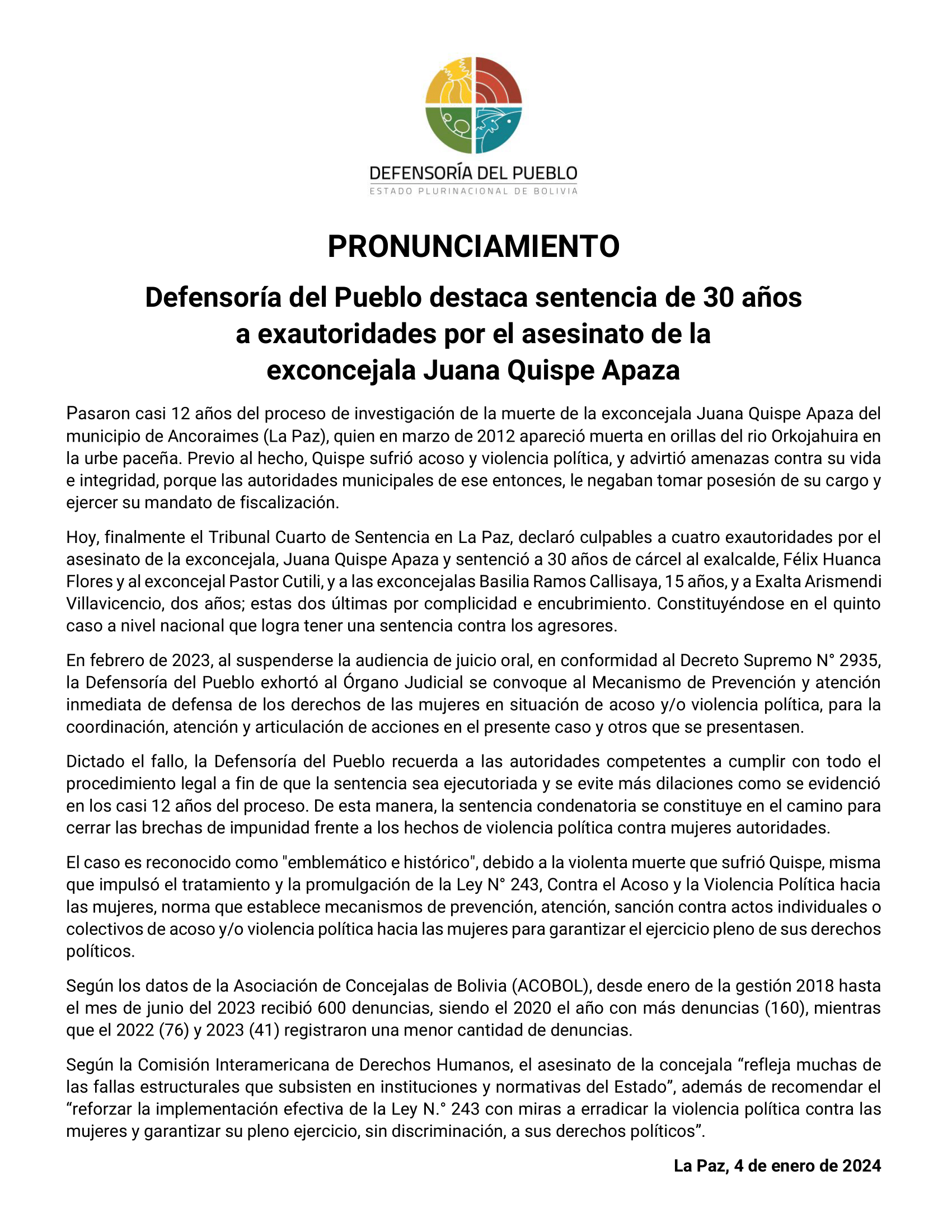 Defensoría del Pueblo destaca sentencia de 30 años a exautoridades por el asesinato de la exconcejala Juana Quispe Apaza